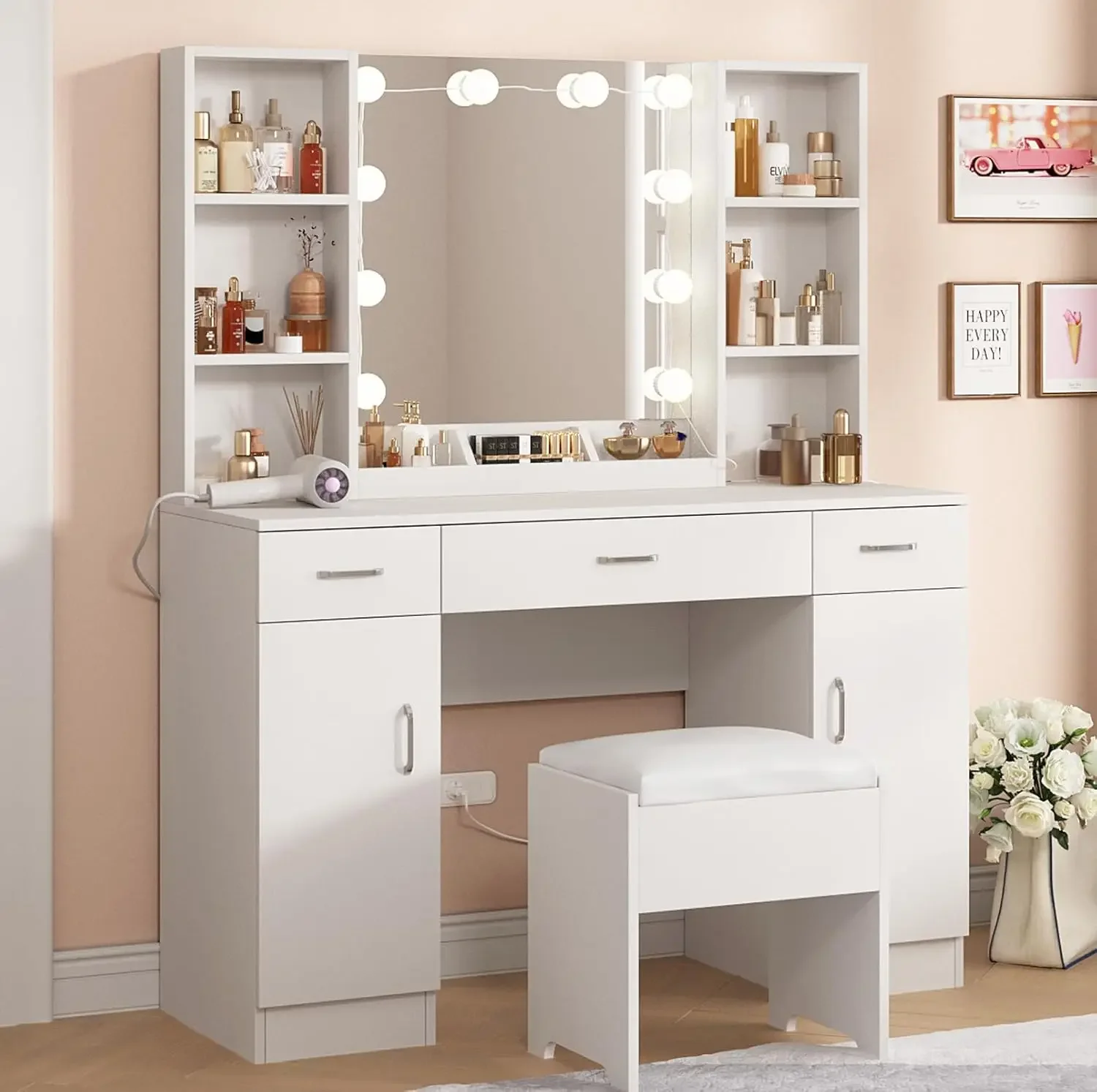 

Makeup Vanity Desk with Lights, 3 Lighting Colors, White Vanity Set Makeup Table, Large Vanity with 3 Drawers, 2 Cabinets