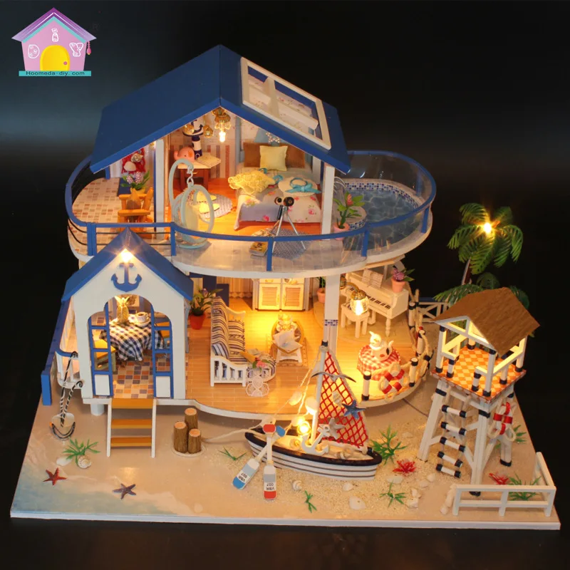 

Dollhouse Beach Villa Handmade House Building Model Wooden Deluxe Ocean View Doll Houses Miniature Items Decoration Gifts Toys