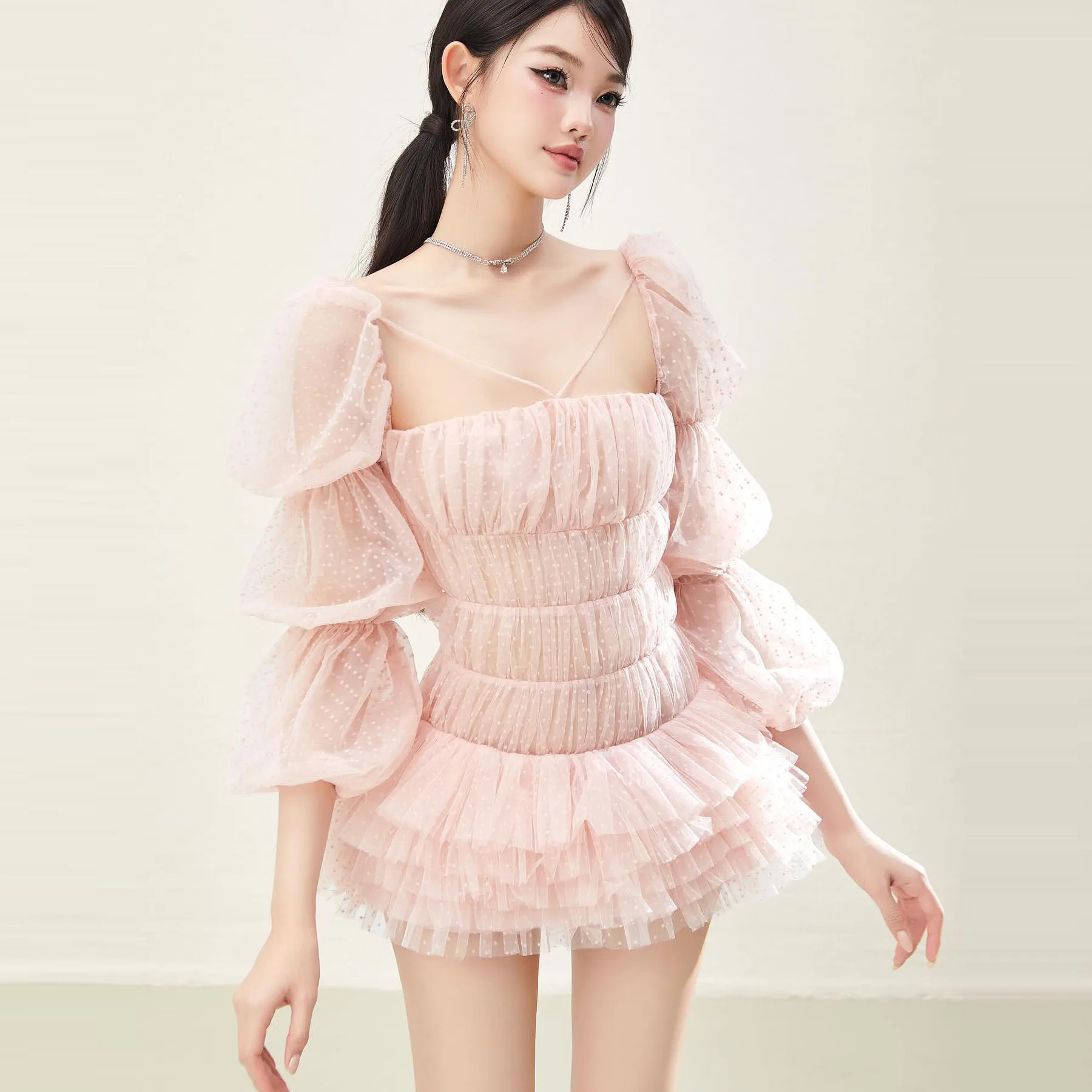 Women’s Blush Pink Mini Dress with Puffy Sleeves Off‑Shoulder Polka Dot Tulle Romantic Summer Party Dress Girls Homecoming Dress