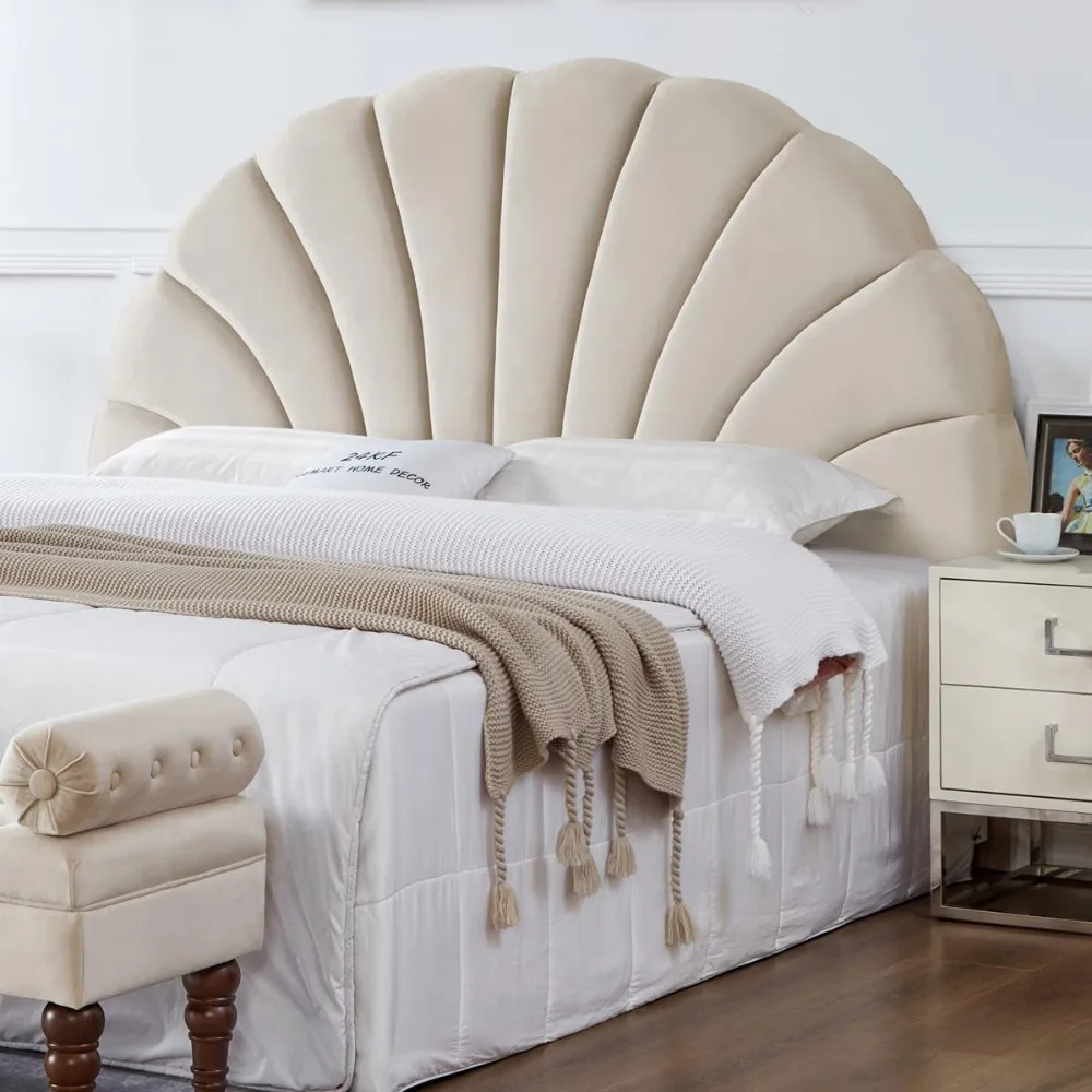 24KF Stunning Crown Design King Headboard, Upholstered Soft Velvet Petal Pattern Headboard King/CA King