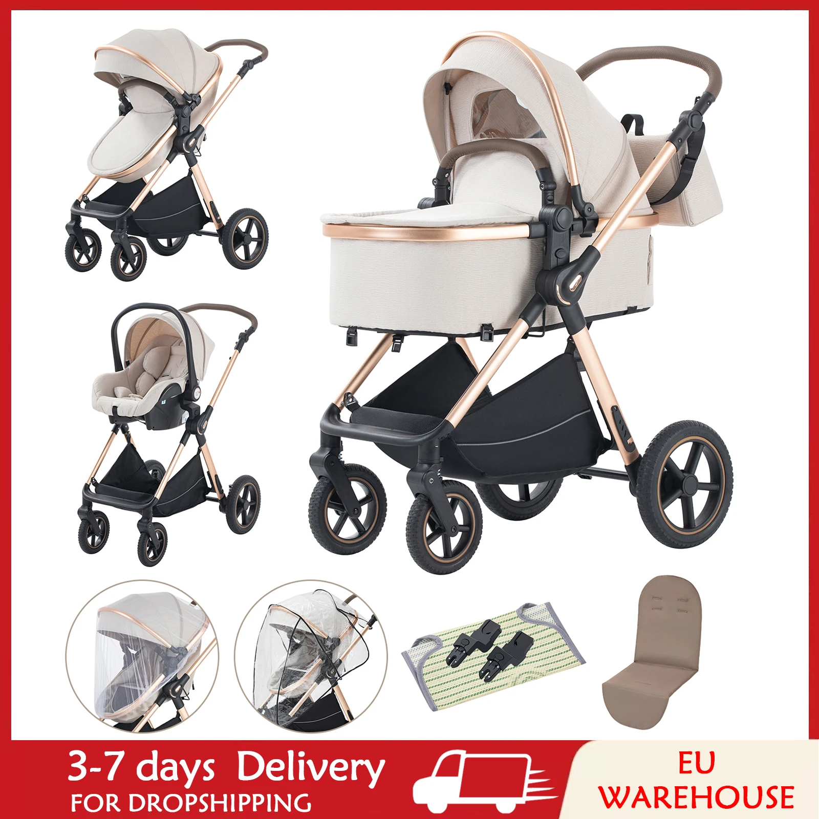 Poussette Multifonctionnelle 3 en 1 pour Bébé, Siège de Sécurité Portable aluminium,  Norme Européenne, Livraison Gratuite