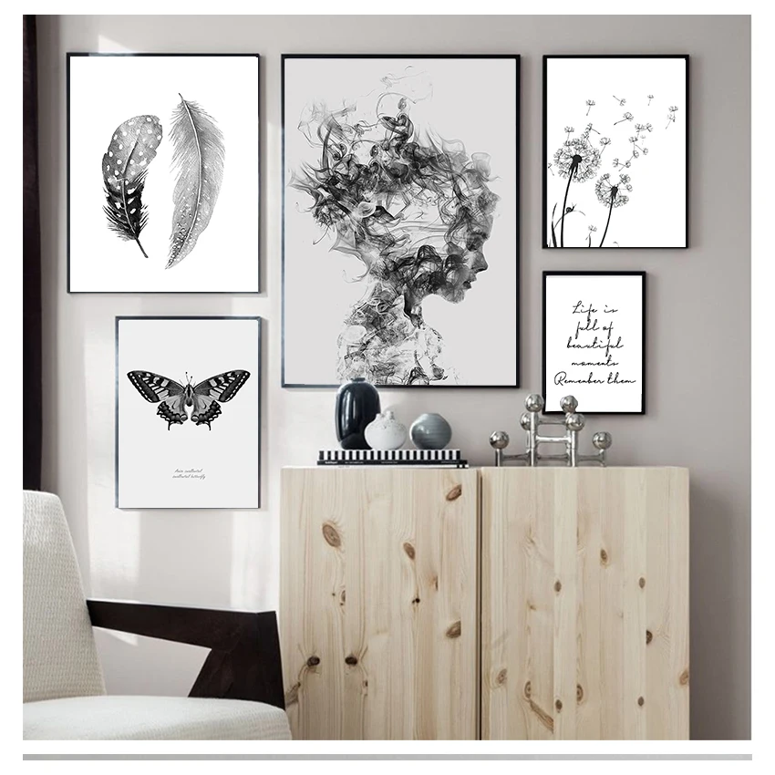 صور تجريدية لرسومات الريش ، طباعة فن الفراشة ، ملصق شمالي ، ديكور حائط غرفة المعيشة ، أبيض وأسود #1
