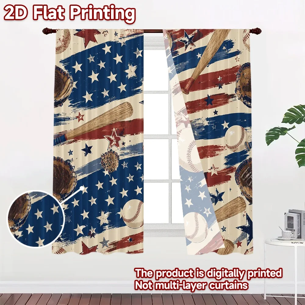 2D FLAT PRINTING 2pcs Curtains (Without Rod) Independence Day Baseball Design Popular Window Curtain Fabric Curtains Gift for
