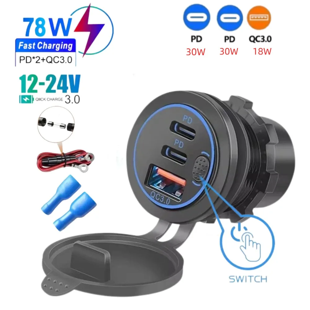 78W 12‑24V Car USB Charger Socket Dual PD USB‑C QC3.0 Fast Charging Port With Button Switch Waterproof USB Outlet For Car RV UTV