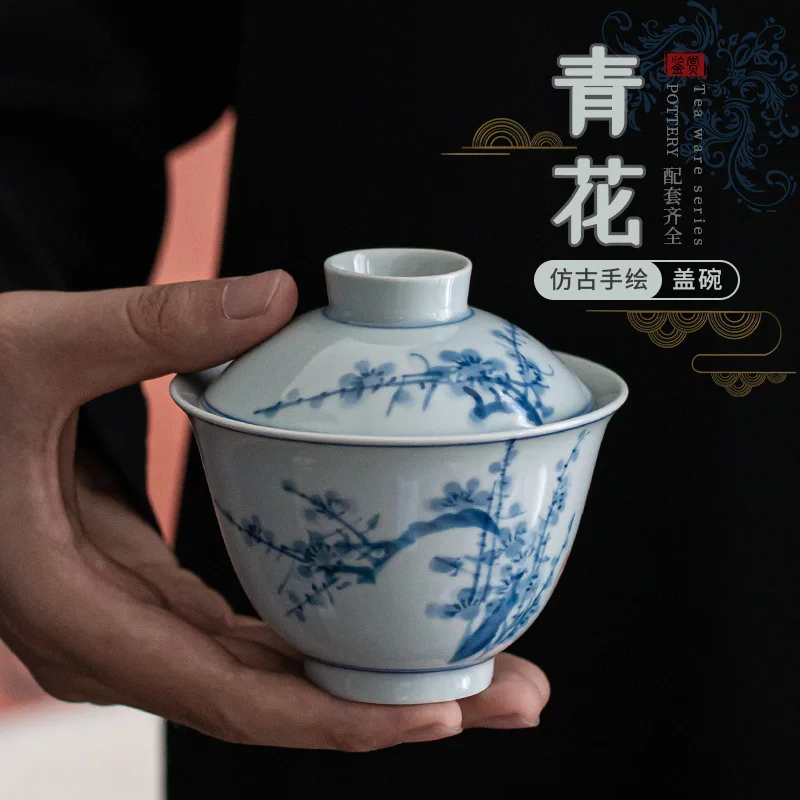 Gaiwan Infuser Tibetan Ceremony Teaware Chinese Style Blue White Ceramic Cover Bowl Single Tea Set Cups Kettle Bearing Service