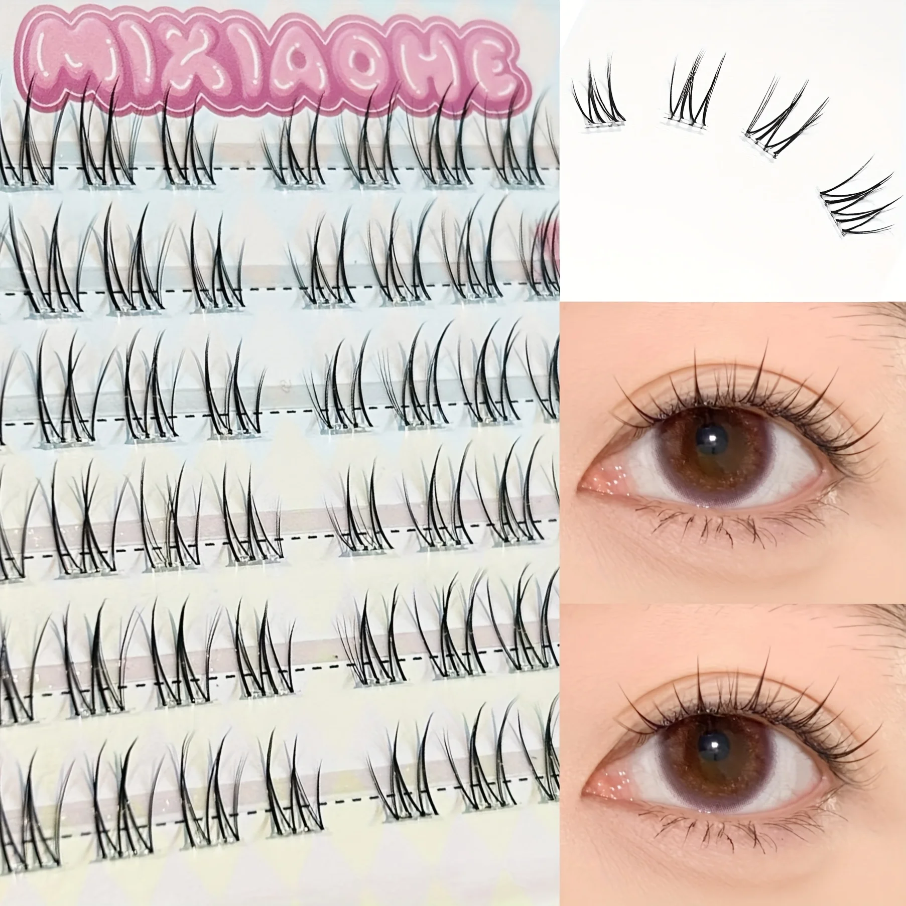 Mixiaohe رموش صناعية خالية من الغراء النقي للغاية 60 مجموعات C حليقة للمبتدئين لتقوم بها بنفسك لا تحتاج إلى شريط لاصق ذاتي الرموش الصناعية