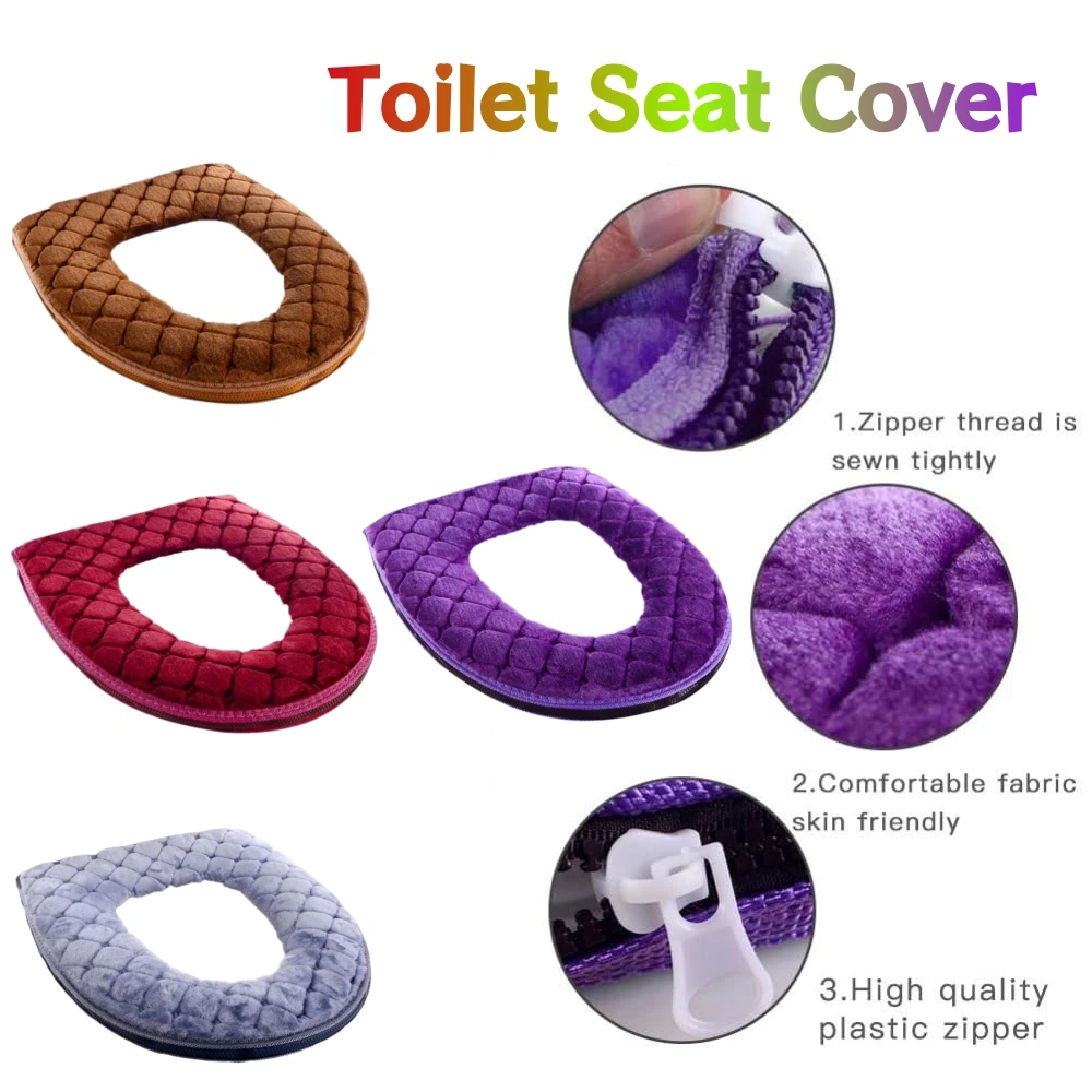 1pc Toilet Seat Cushion Velvet Warm Seat Cover Zipper Washable Household Toilet Seat Mat Bathroom Seat Case Toilet Lid Accessory