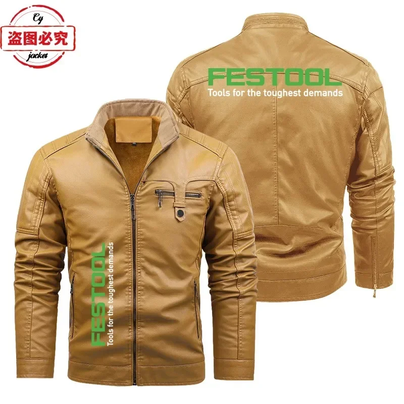 Festool Tools Logo Workwear Washed PU Leather Jacket Windproof Men's Fleece Warm Lining Solid Color Festool Jacket Team Uniform