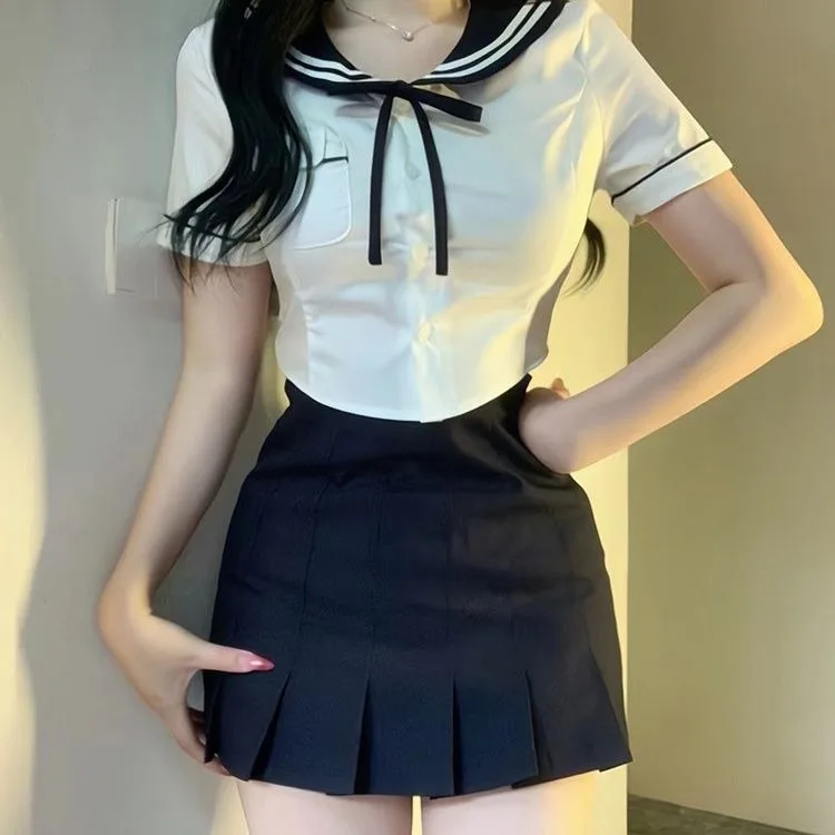 Korean Sweet Sailor Collar Short Sleeve Shirts Women+ Y2k High Waist Ruched A-line Skirts 2024 Summer New Two Piece Sets