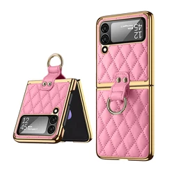 Vietao Luxury Leather Phone Case for Samsung Galaxy Z Flip 7/6/5/4/3 with Gold Plated Ring Stand - Lens Film Protection, Pink