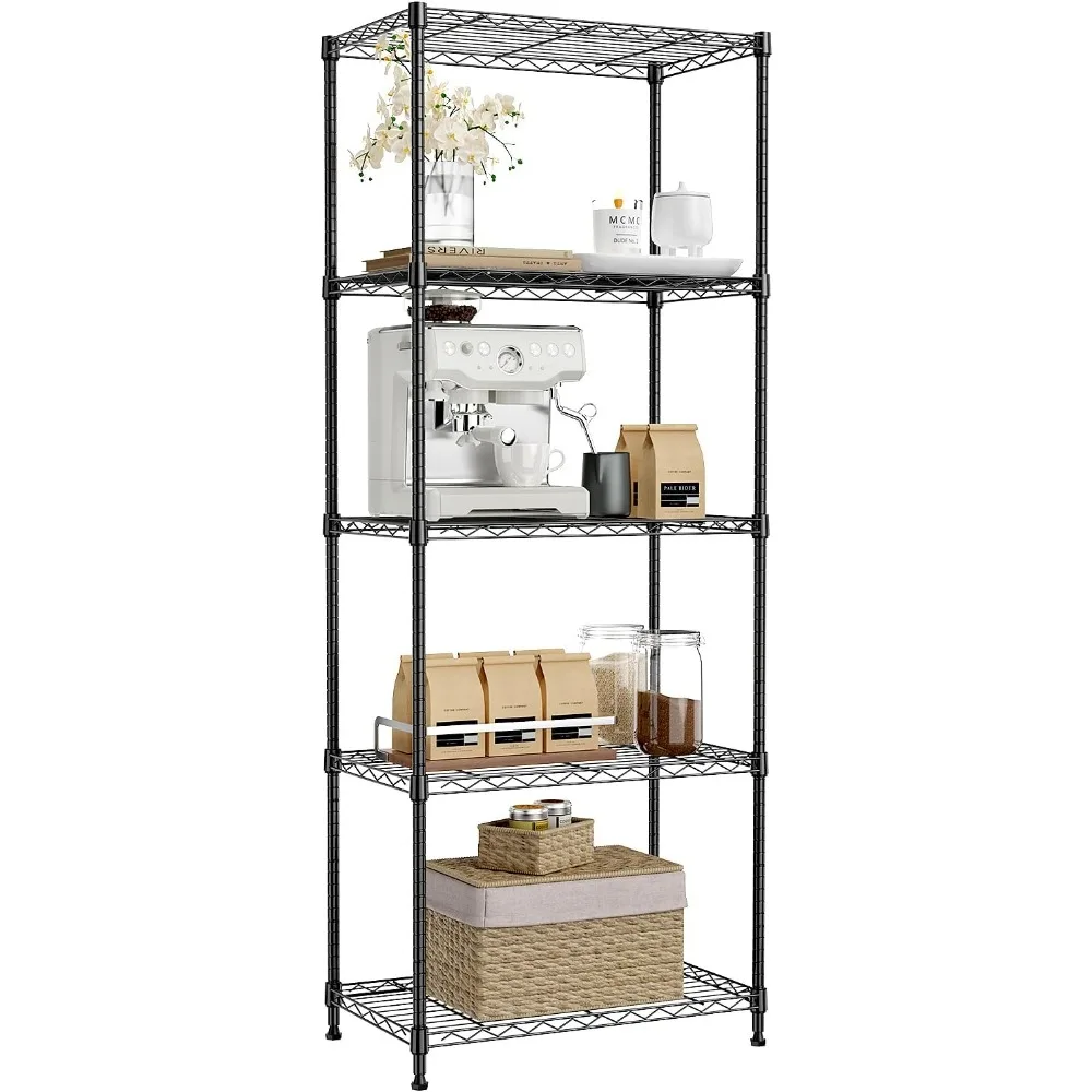 

5-Tier Black Metal Storage Shelves, Adjustable Wire Shelving Unit for Kitchen, Bathroom, Pantry, Office, Garage, Organizer Wire