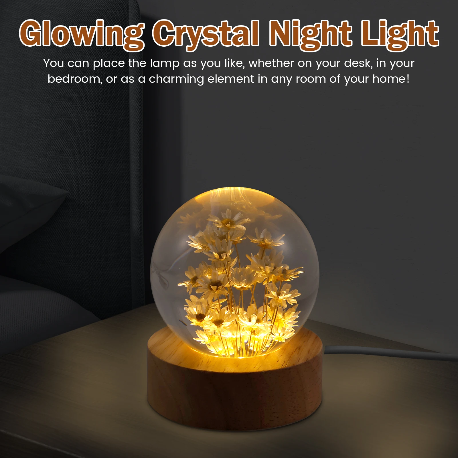 Dandelion Crystal Ball Night Light with Wooden Base USB Powered Dandelion Crystal Ball Night Lamp Fancy Crystal LED Night Light