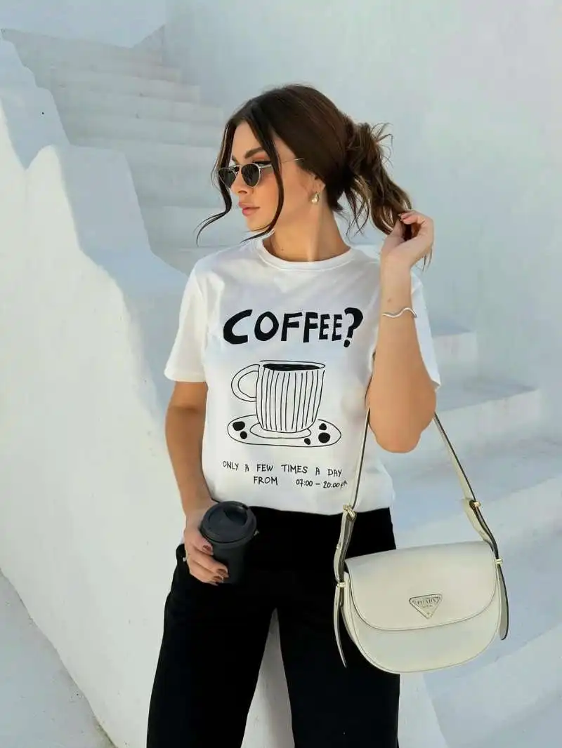 Retro American Vintage Summer Delicious Coffee Print Spicy Girl Loose Pure Cotton Casual Short Sleeve T-Shirt Women