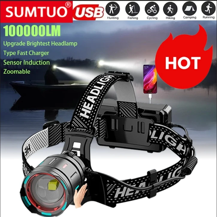 1000000LM Powerful Headlamp 800W Led Sensor Head Flashlight Long Range Headlight 18650 Rechargeable Head Lantern Fishing Camping