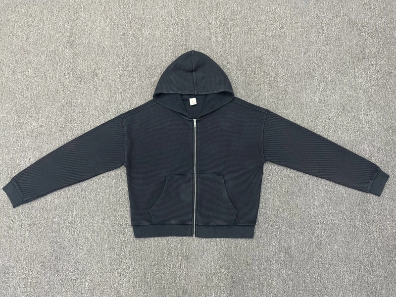 Waffle Knit Full Zip Hoodie for Men Vintage Washed Hooded Sweatshirt Casual Loose Cotton Kangaroo Pocket Streetwear Clothes