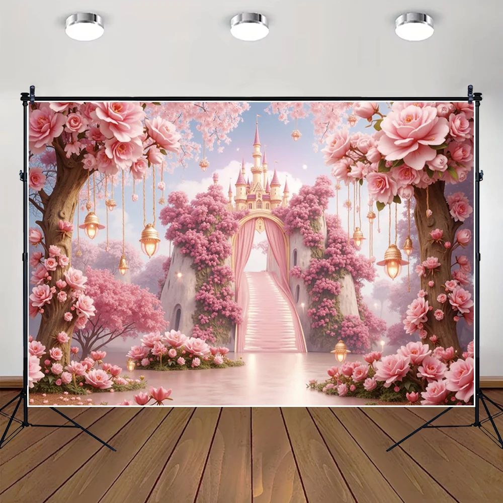 

MOON.QG Birthday Decorations Shooting Props Flower Garden Pink Castle Background Girl Boy Photo Wallpaper Backdrop Photozone