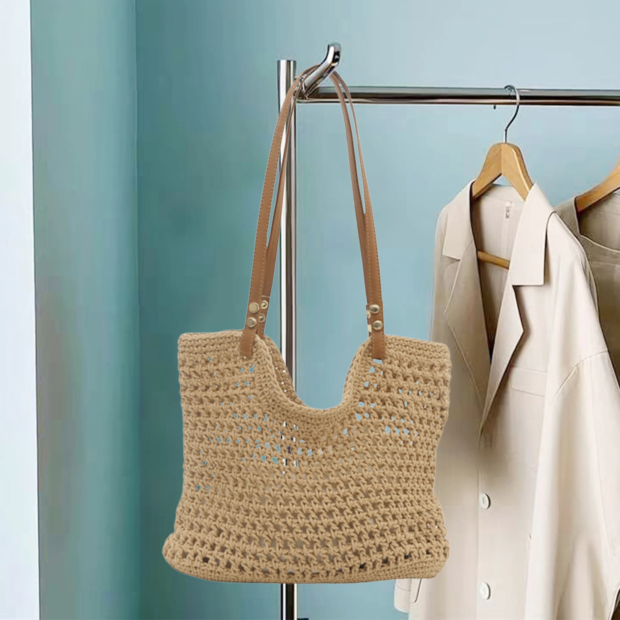 

Bohemian Style Beach Tote Bag Vintage Crochet Shoulder Bag with Hollow Design Spacious Handbag for Summer Getaways and