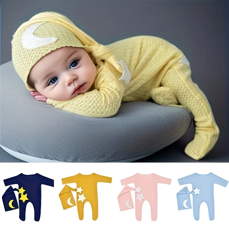 Ylsteed Newborn Footed Romper for Photoshoot Moon Star Patch Photography Outfit Baby Boy Picture Props Long Sleeve Jumpsuit