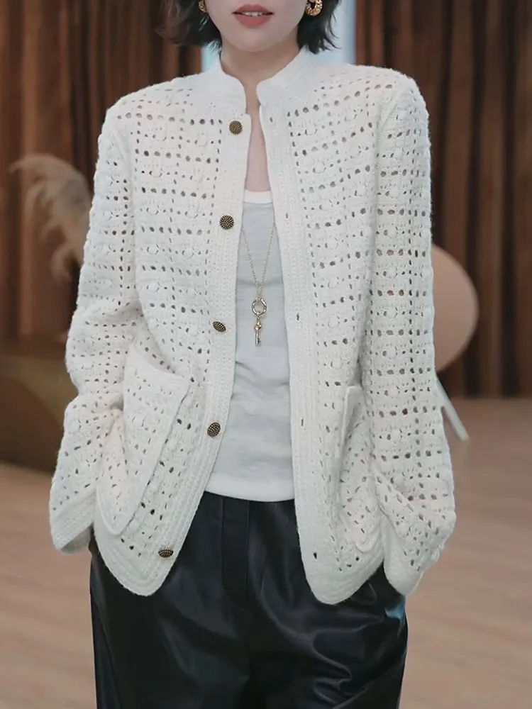 

Модный белый вязаный ажурный топ большого размера для повседневной носки в корейском стиле, свободного кроя, осенняя новинка для женщин