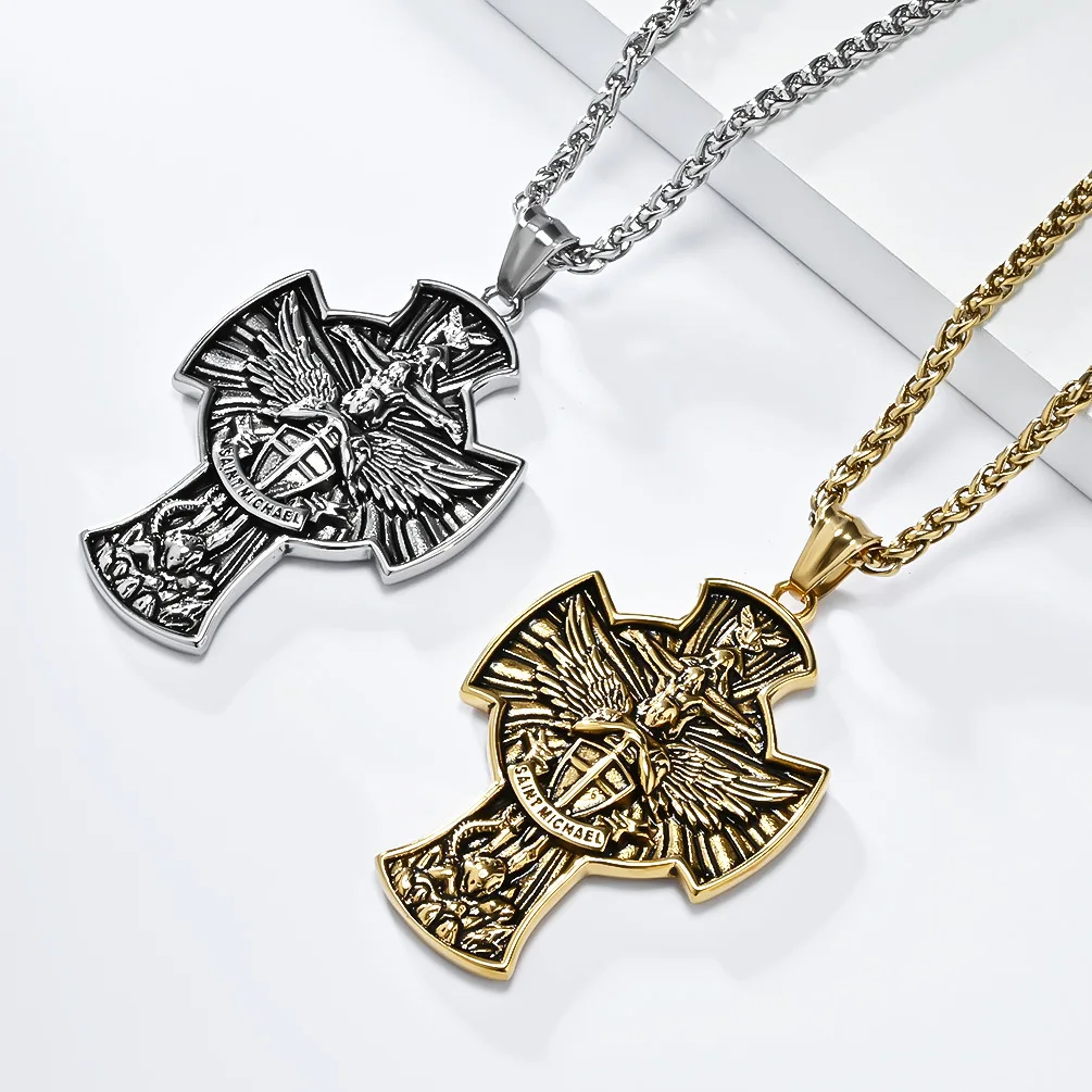 1Pc Gothic Archangel Michael Statue, Cross Statue Wall Hanging Statue, Stainless Steel Neckalce Jewelry