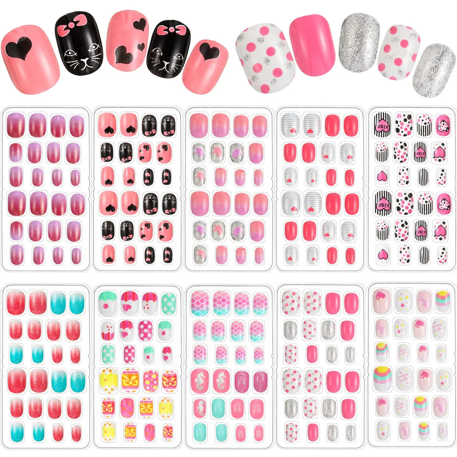 

240 Pcs Kids Press on Nails, 10 Packs Short Fake Nails for Girls, Gradient Rainbow Pre Glued Full Cover Acrylic Nail Kit