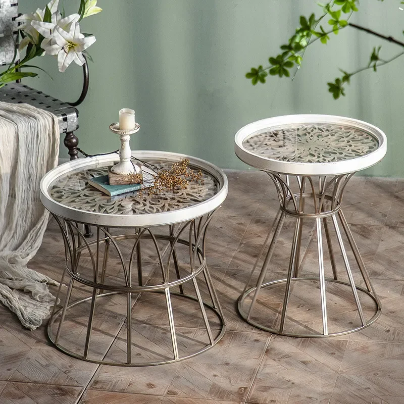 American Style Small Round Coffee Table Retro Vintage Side Table for Living Room Balcony Villa Home Decor Casual Negotiation