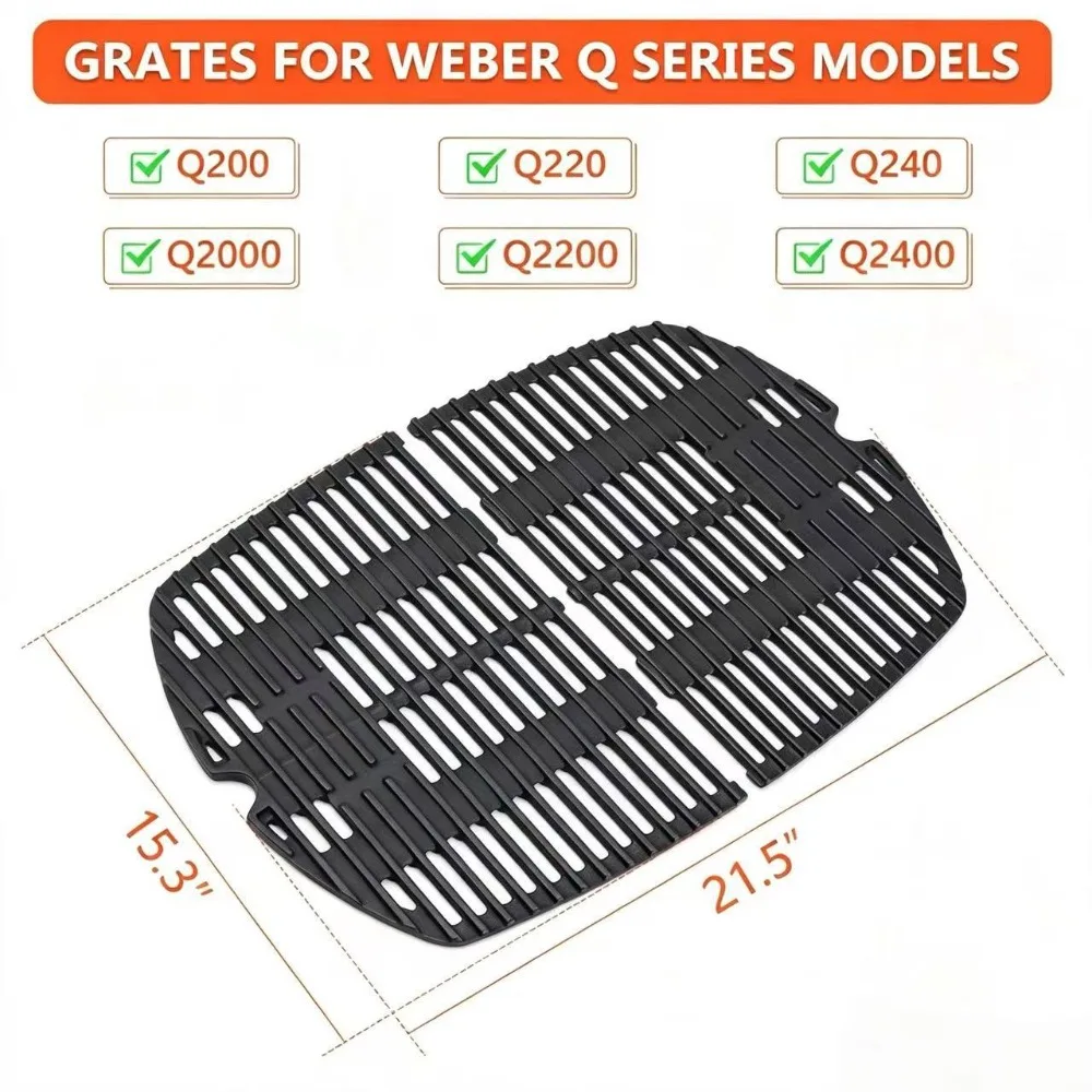 2-Pack Cast Iron Grill Grates Replacement Compatible with Weber Q200 Q220 Q2000 Q2200 Q2400 Gas Grill Series 21.5 x 15.3 Inch
