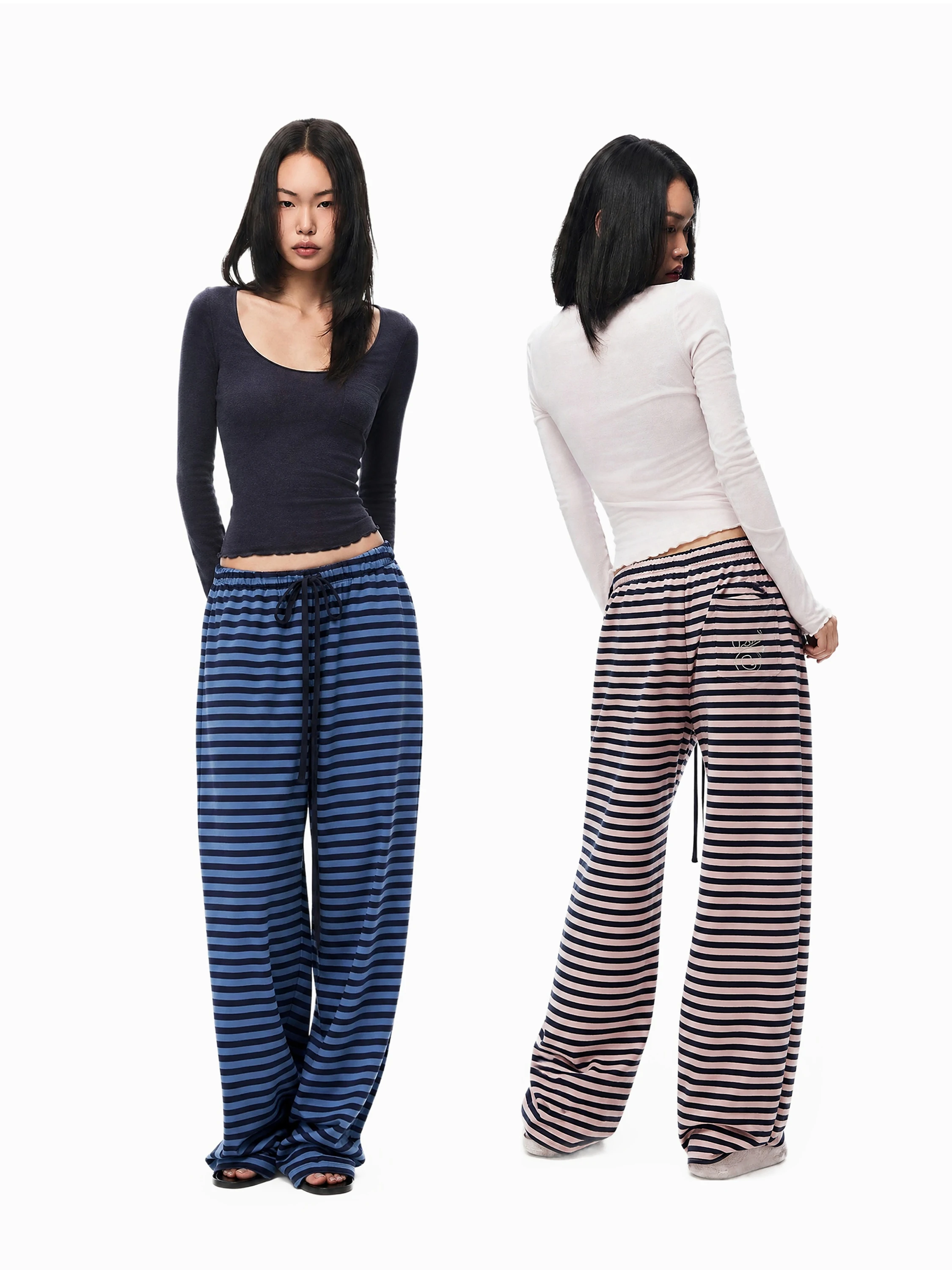 GOGO BURN American Low Waist Color Block Striped Elastic Rope Casual Pants Women's Autumn New Design Wide Leg Pants