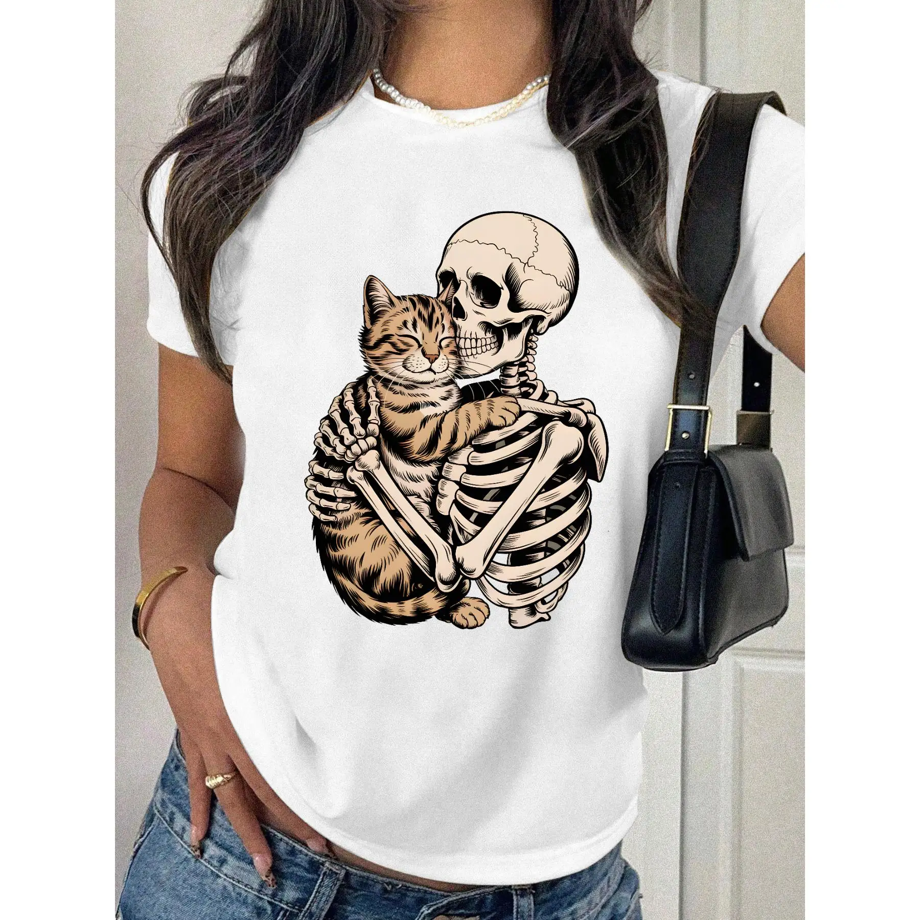 

Skeleton Hugging Cat T-Shirt Funny Pet Lover Graphic Tee Unisex Dark Humor Gift Unique Cat Mom Dad Apparel