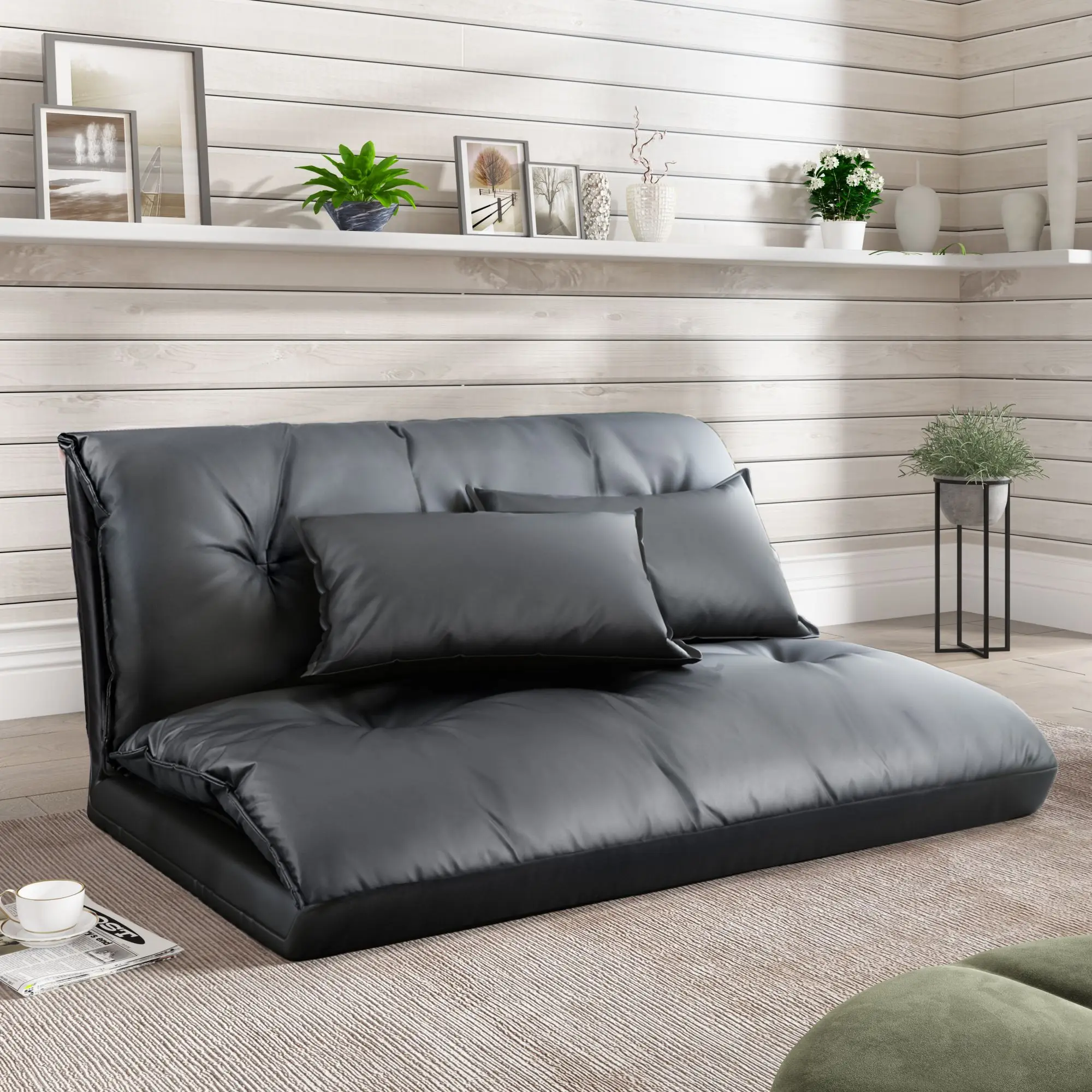 PU Lazy Sofa Adjustable Folding Futon Sofa with Two Pillows