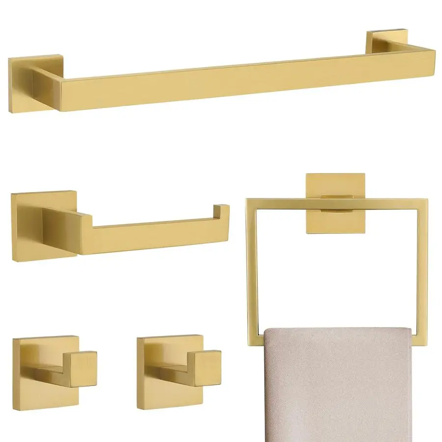 

Набор из 5 золотых аксессуаров для ванной комнаты: держатель для полотенец и вешалки, нержавеющая сталь SUS304, настенный монтаж