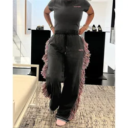 European and American style spring new 2024 cross-border women's high waisted colorful tassel casual pants