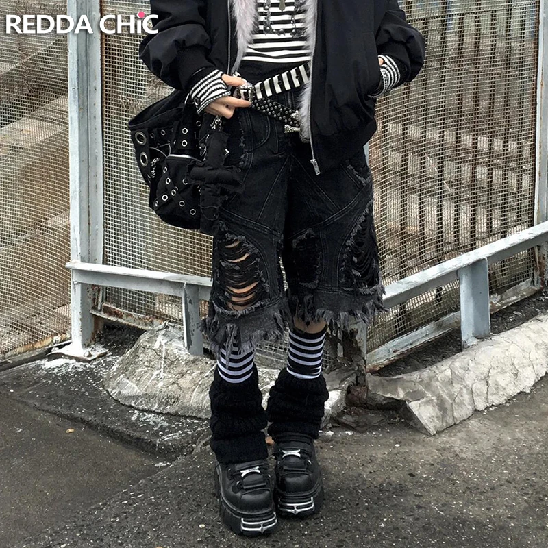 

ReddaChic Women's Ripped Cargo Jean Shorts Black Frayed Stitching Holes Loose Fit Wide Leg Bermuda Pants Gyaru Y2k Streetwear