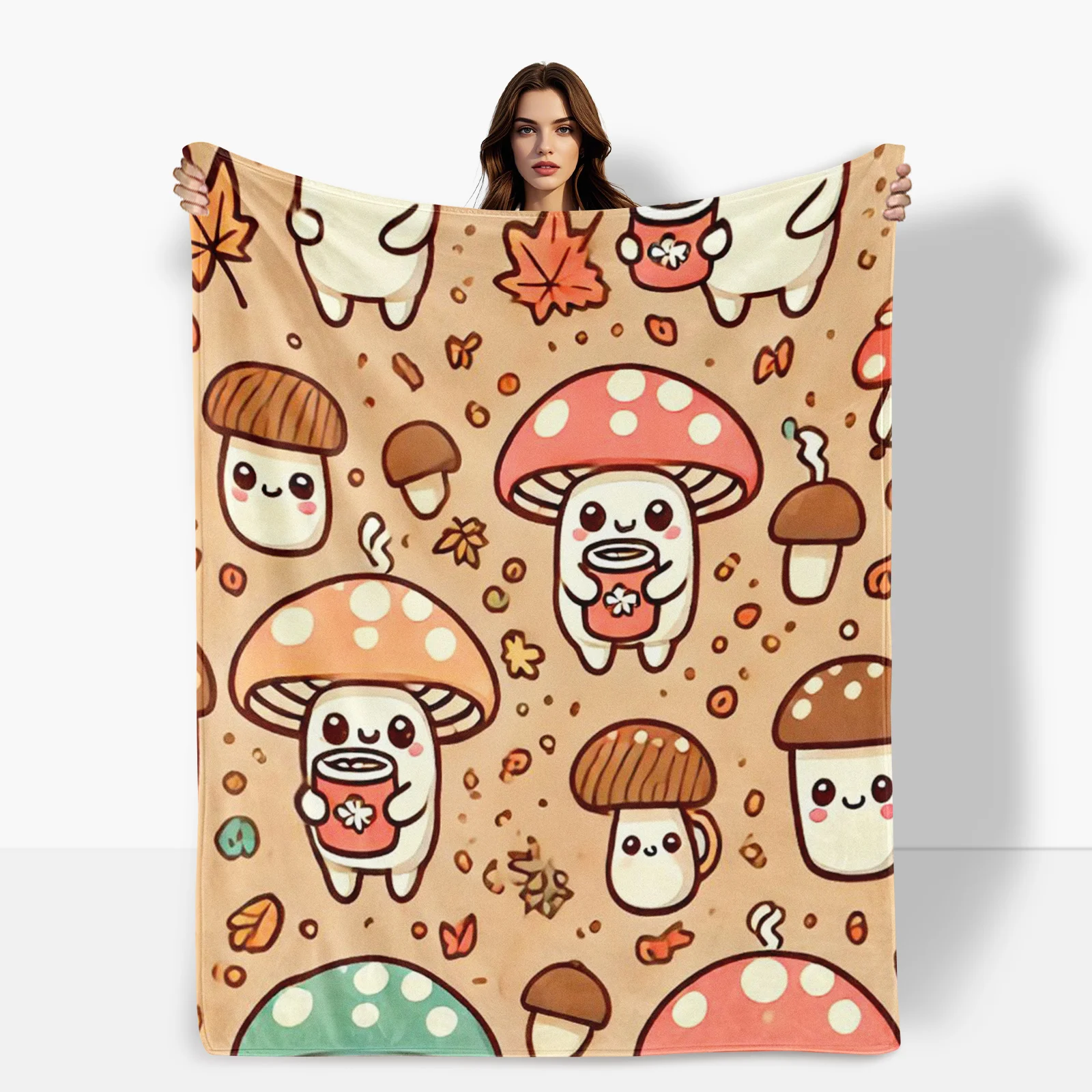 Mushroom Person With Leaf And Cup In Light Brown Blanket For A Cozy And Earthy Home Decor Accent Piece Design