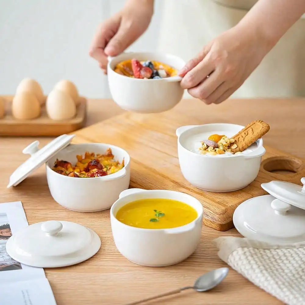 4-Pack Ceramic Mini Cocotte Set, 10 Oz Stoneware Casserole Dishes With Handles & Lids, Oven- Ramekins For Soufflé, Soup, Cobbler & BaFKing, Individual Serving Bakeware, FOff White