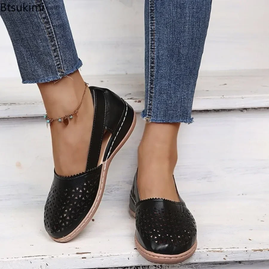 2024 Women's Casual Sandals Wedges Hollowed Out Solid Ladies' Single Shoes Low Heel Sandals Female Casual Flat Shoes Women Shoes