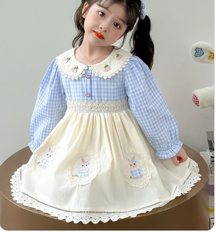 فستان كارتون منقوش باللون الأزرق بأكمام طويلة للأطفال حديثي الولادة، فساتين حفلات على الموضة للأميرة للأطفال 2-7 T