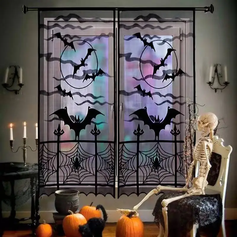 Halloween Black Lace Curtain Spider Witch Bat Skull Door Curtains Festival Halloween Theme Set Party Decoration