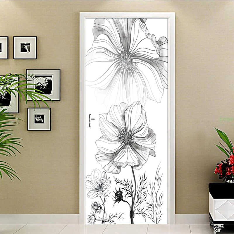 Flower Door Stickers 3D Removable Vinilos Para Puertas Adhesive 3D Wallpaper Art Murals For Doors Bibliotheque Modern Home Decor