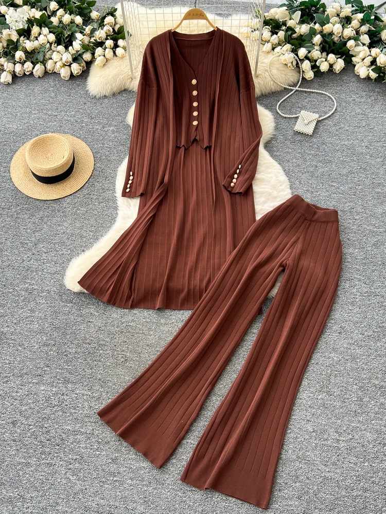 Chaleco de punto V-Ne Svel, pantalones sueltos de cintura alta, conjunto Faion para mujer, temporada de otoño, ropa de trabajo informal y ligera