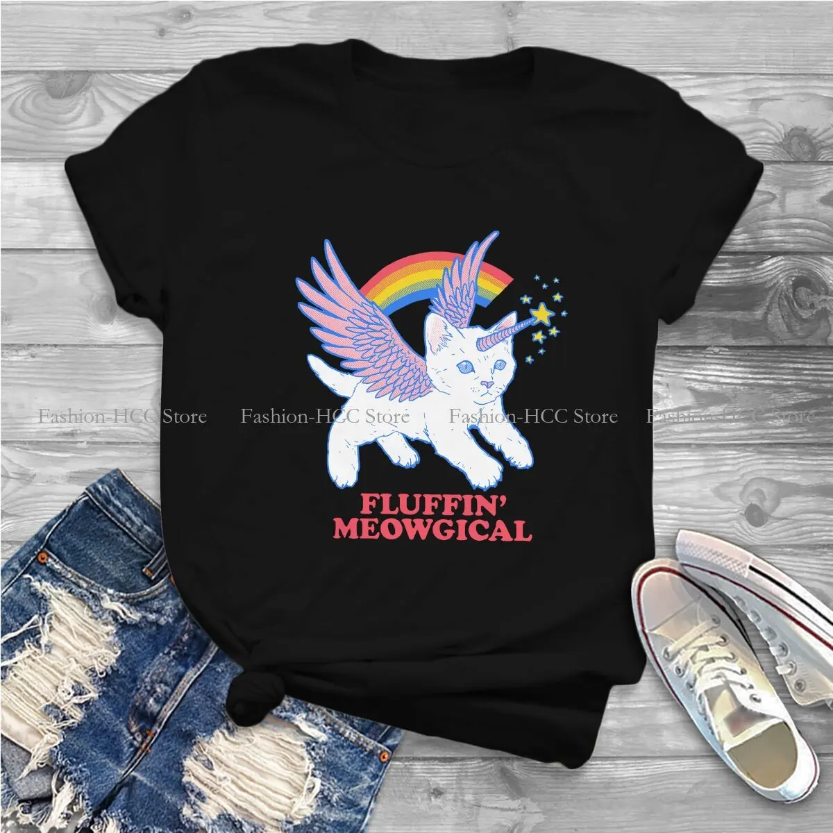 Unicorn Cute Polyester TShirts Fluffin  Meowgical Essential Personalize Women's T Shirt New Trend Clothing