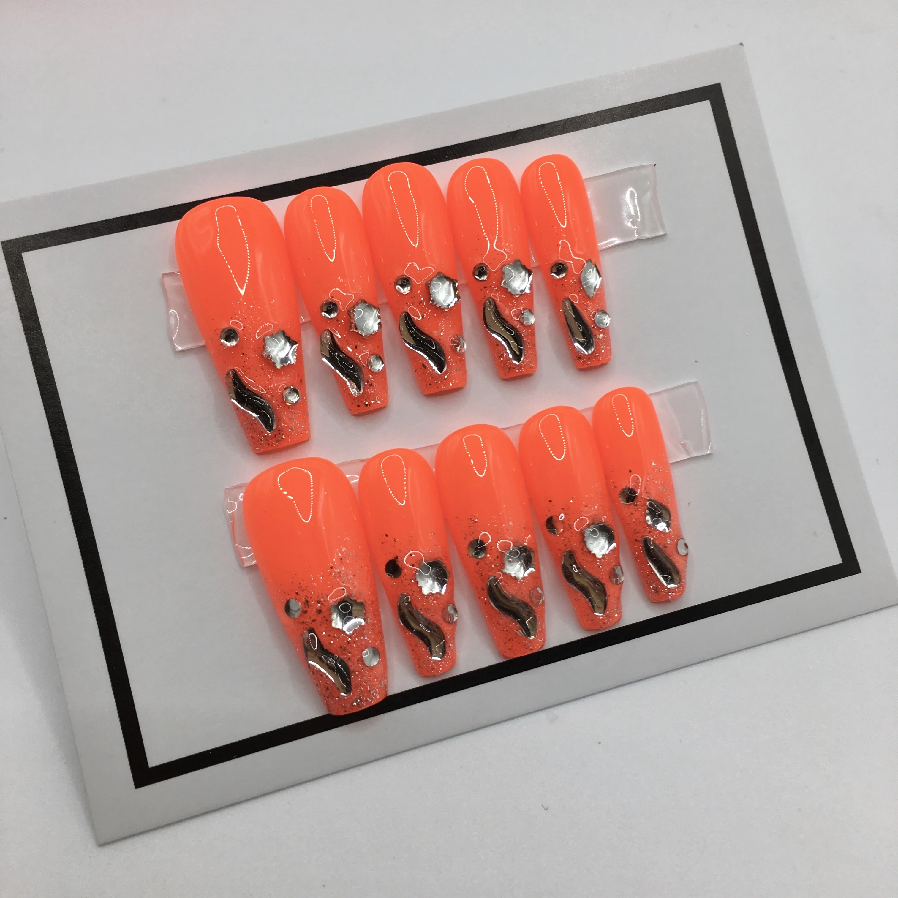 2024 New Back School Orange Shine Press on Nails 3D Rhinestones  Pressed On Nails