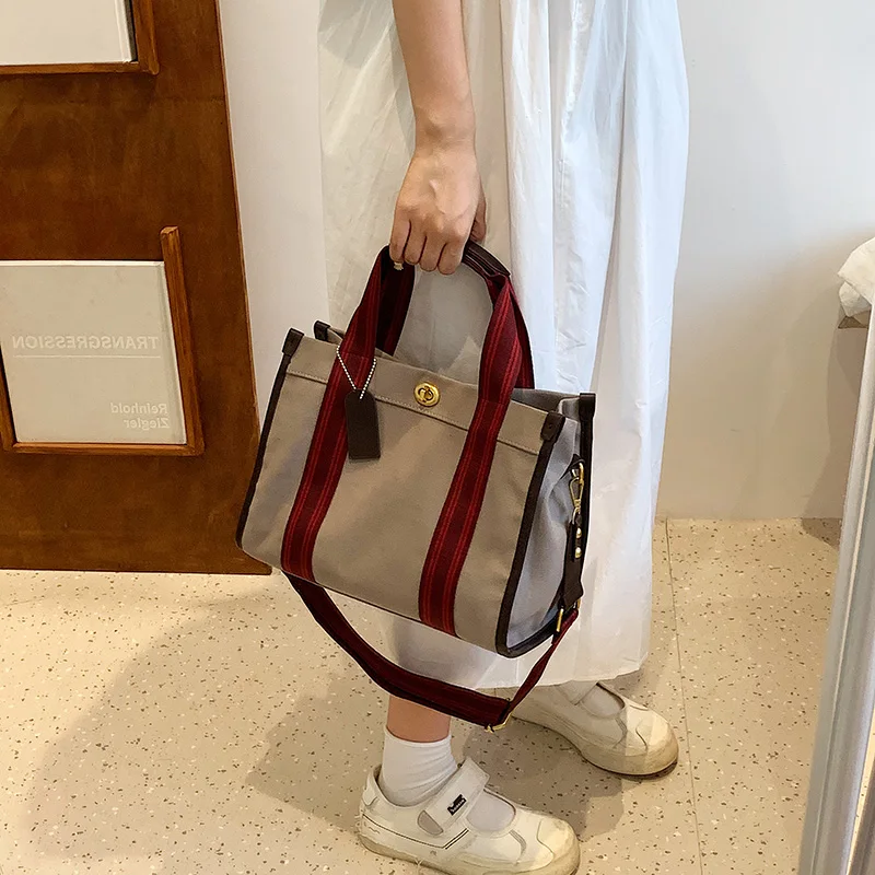 Quality Canvas Tote Handbag For Women Large Capacity Contrast Color Wide Strap Shoulder Bags 2022 Designer Big Shopper Tote Bag