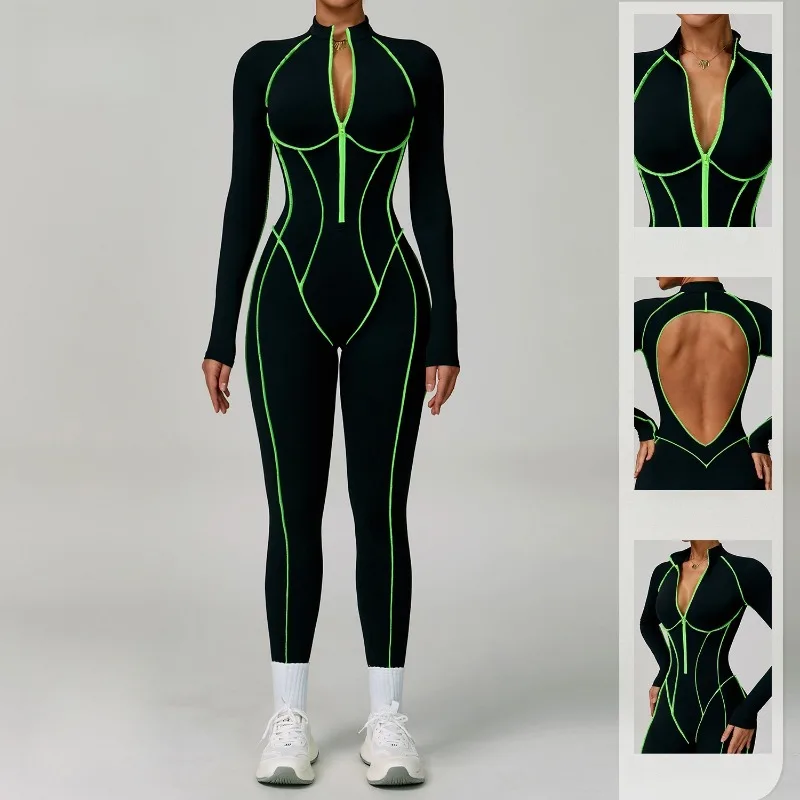 

Yoga Boilersuit Long Women's Sleeved Sportswear Gym Set Zipper High-intensity Fitness One-piece Color Blocking Workout Jumpsuits