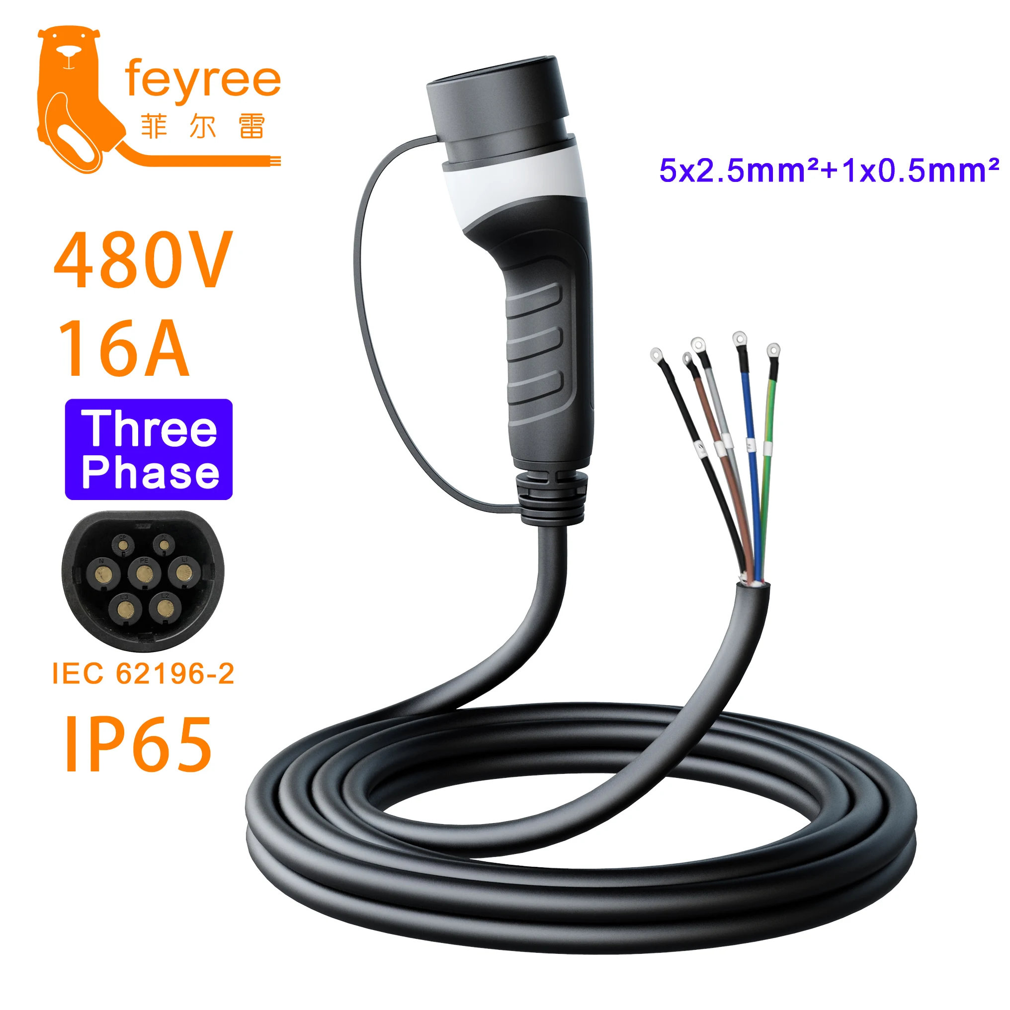 Feyree EV-Ladestecker Typ 2 Steckdose 5m Kabel 16A 3,5kW 32A 7kW 1-Phasig für Fahrzeugseite 16A 11kW 32A 22kW 3-Phasig für Elektrofahrzeuge – Detail 5
