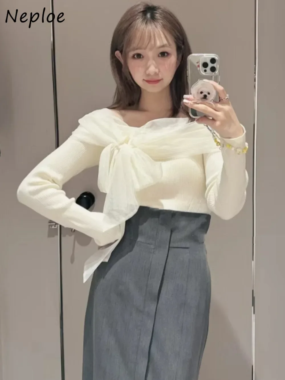 Neploe Cute Fresh Slash Neck Ruffles Pullover Bow Jumper Lace Up Slim All-match Literary Knit Sweaters Japan Off Shoulder Tops