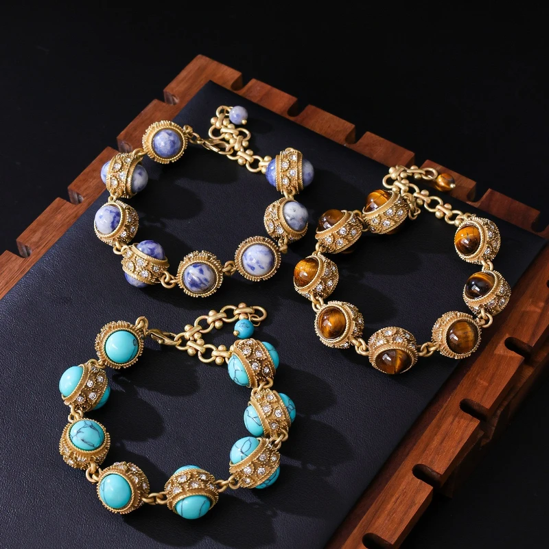 

Vintage Turquoise Tiger Eye Beaded Bracelet for Women Luxury Rhinestone Court Party Jewelry