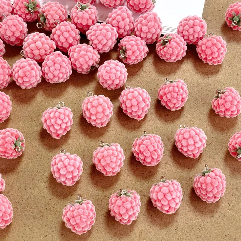 6/12/30/50pcs 3D Flocked Pink Raspberry Charms Fluffy Cute Fruit Resin Pendant for Earring Bracelet Keychain DIY Jewelry Making