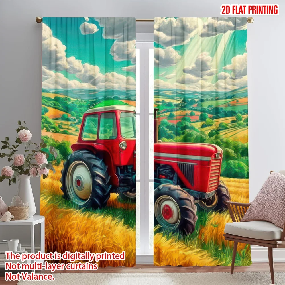 2D flat printing 2pcs Party Window Curtains Red Tractor in Wheat Field Digital Printed Polyester Drapes Party Decorations Use