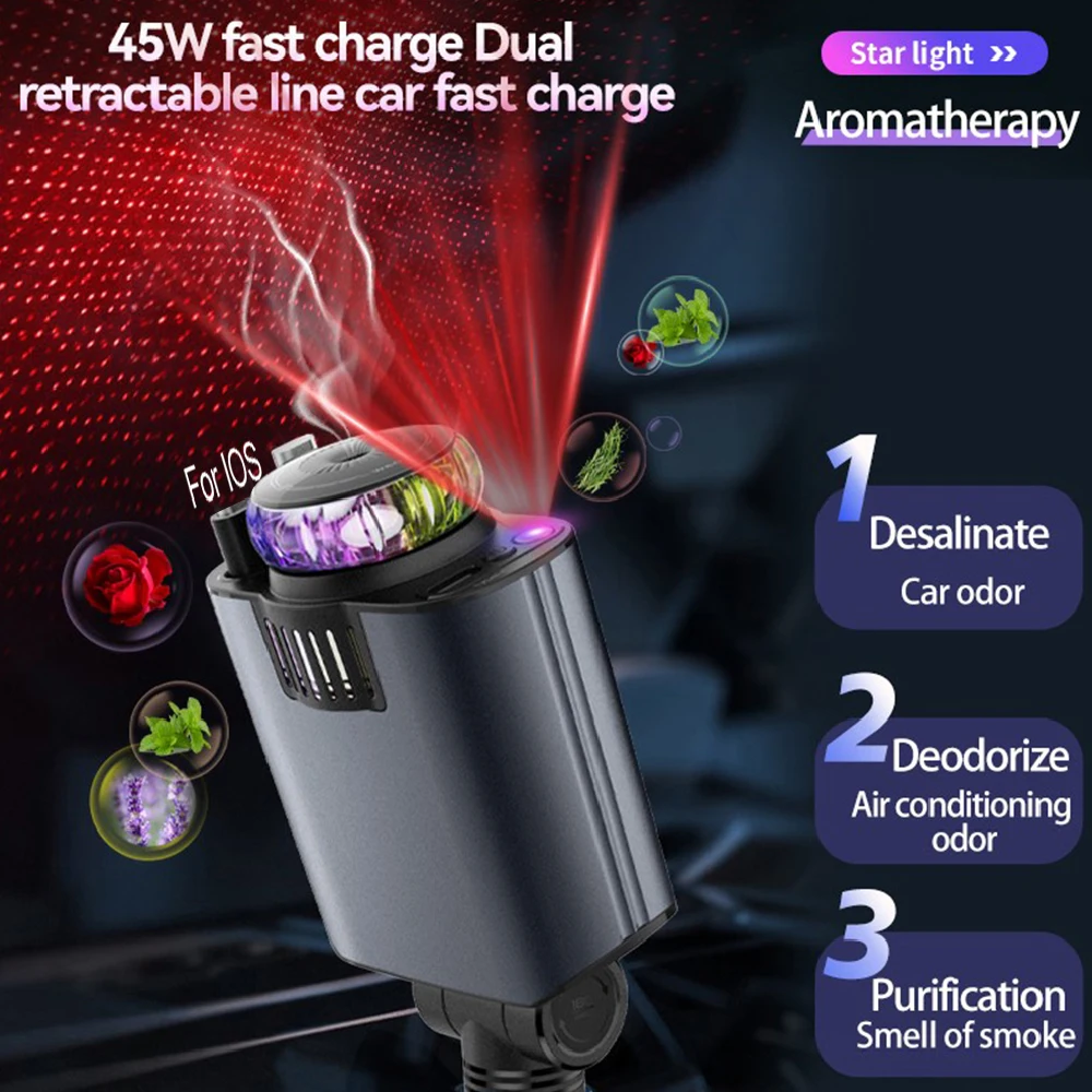 

Автомобильное зарядное устройство 5-в-1 PD45W, адаптер питания USB Type-C, зарядное устройство для телефона с освежителем воздуха для ароматерапии на крыше Starlight для IOS Android